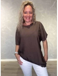 Brun bluse i viskose med blonder og asymmetrisk design – TIPPY Italian Select