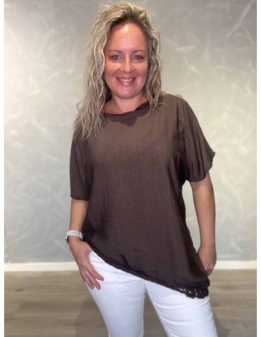 Brun bluse i viskose med blonder og asymmetrisk design – TIPPY Italian Select