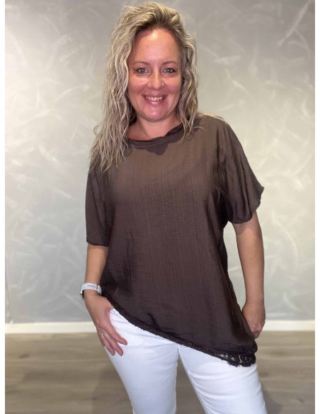 Brun bluse i viskose med blonder og asymmetrisk design – TIPPY Italian Select