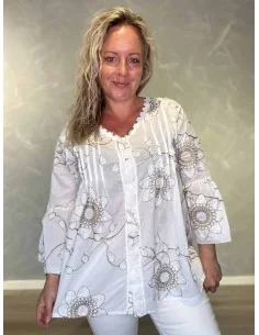 Hvid skjorte i bomuld og polyester med beige glimmerblomster og blondekant – TIPPY Italian Select