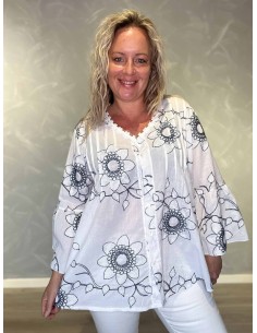 Hvid skjorte i bomuld og polyester med glimmerblomster og blondekant – TIPPY Italian Select