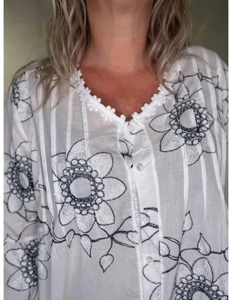 Nærbillede af blondekant på bomuld og polyester skjorte – TIPPY