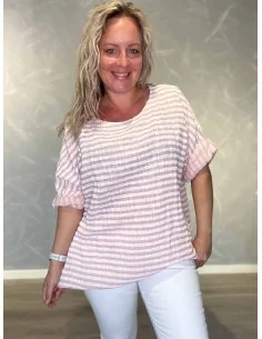 Rosa bluse i bomuld med striber og opsmøg – TIPPY Italian Select