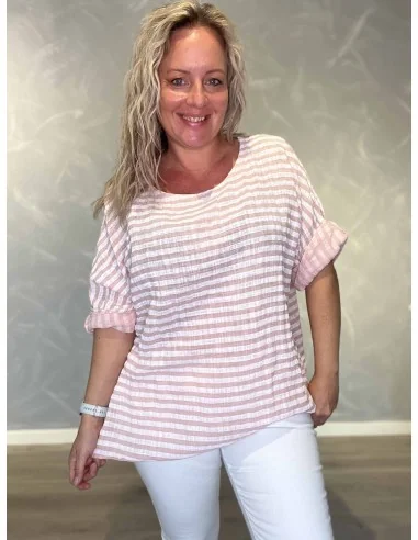 Rosa bluse i bomuld med striber og opsmøg – TIPPY Italian Select