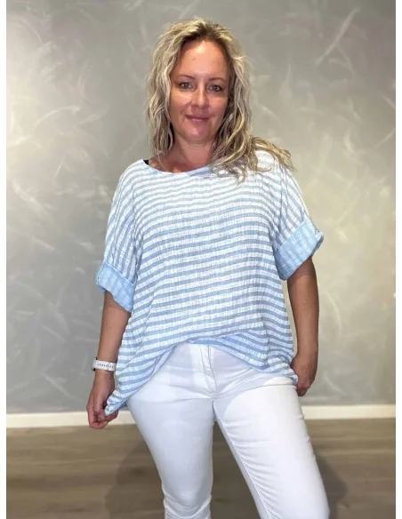 Sky bluse i bomuld med striber og opsmøg – TIPPY Italian Select
