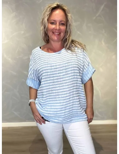 Sky bluse i bomuld med striber og opsmøg – TIPPY Italian Select