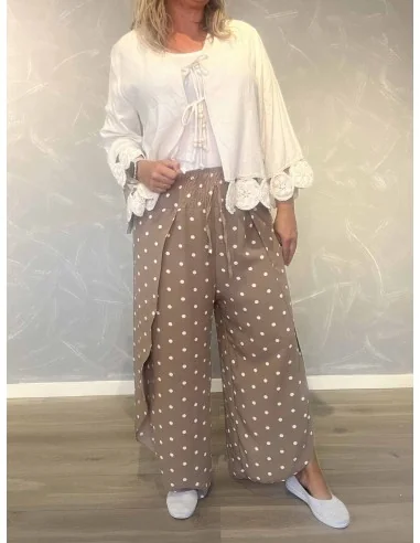 Beige slå-om bukser i 95% viskose og 5% elastan med smock i taljen – TIPPY Italian Select