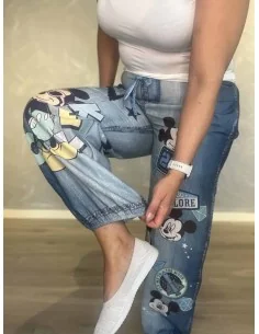 Denimblå bukser i 60% hør og 40% polyester med Mickey print – TIPPY Italian Select 2