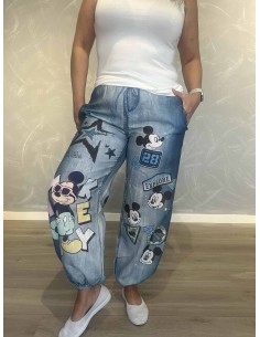 Denimblå bukser i 60% hør og 40% polyester med Mickey print – TIPPY Italian Select