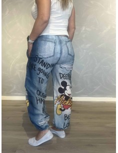 Denimblå bukser i 60% hør og 40% polyester med Mickey print – TIPPY Italian Select 2