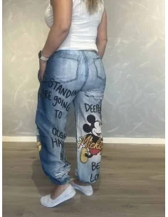 Denimblå bukser i 60% hør og 40% polyester med Mickey print – TIPPY Italian Select 2