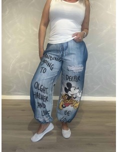 Denimblå bukser i 60% hør og 40% polyester med Mickey print – TIPPY Italian Select