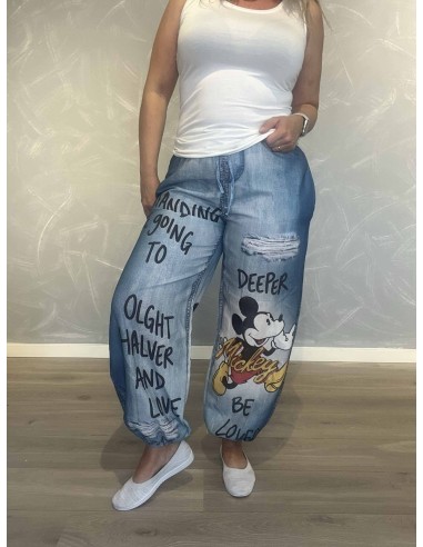 Denimblå bukser i 60% hør og 40% polyester med Mickey print – TIPPY Italian Select
