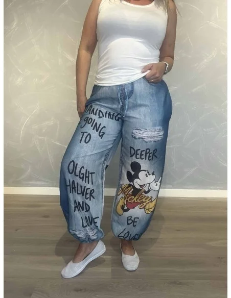 Denimblå bukser i 60% hør og 40% polyester med Mickey print – TIPPY Italian Select