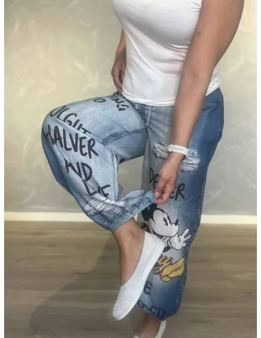 Mickey print på denimblå bukser med elastik i ben – TIPPY