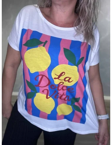 Hvid T-shirt med citronprint og kunstprint | TIPPY