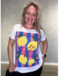 Hvid T-shirt med citronprint og kunstprint | TIPPY