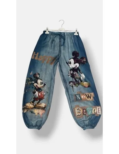 Denimblå hørbukser med Mickey print | TIPPY
