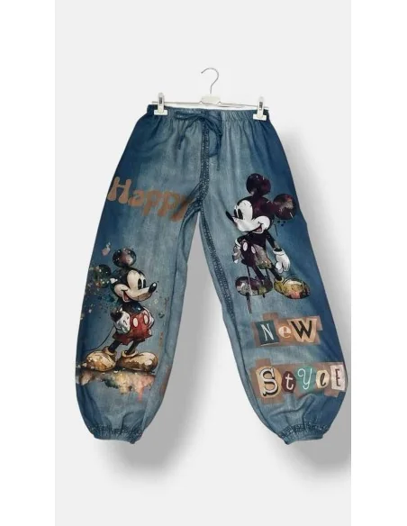 Denimblå hørbukser med Mickey print | TIPPY