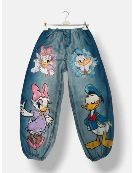 Denimblå hørbukser med Anders print | TIPPY