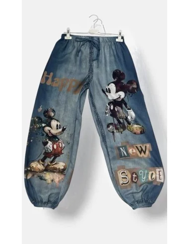 Denimblå hørbukser med Mickey print | TIPPY