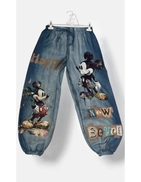 Denimblå hørbukser med Mickey print | TIPPY