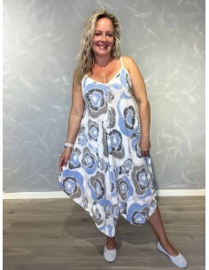 Off White stropkjole i viskose med grafisk print og spidskant – TIPPY Italian Select