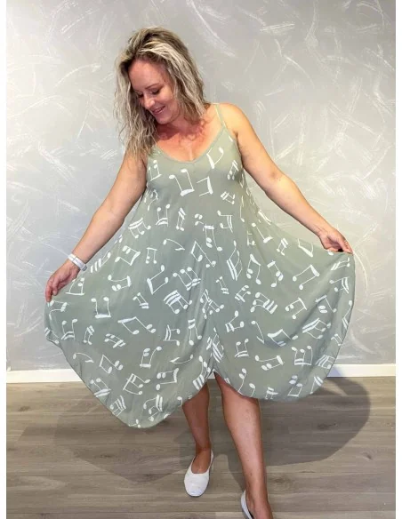 Nodeprint på khaki stropkjole – TIPPY