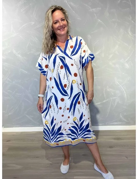 Hvid tunika kjole i viskose med print og V-hals – TIPPY Italian Select