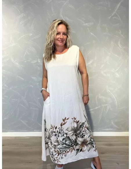 Sandfarvet kjole med blomsterprint og matchende skjorte i 90% viskose og 10% polyamid – TIPPY Italian Select