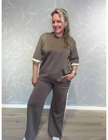 Taupe sæt i 50% polyester, 45% viskose og 5% elastan med løs bluse og vide bukser – TIPPY Italian Select TIPPY