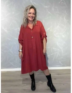 Bordeaux lang tunika i 100% bomuld med knapper og opsmøg – TIPPY Italian Select TIPPY