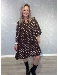 Brun kjole i 100% viskose med prikker og flæsedetaljer – TIPPY Italian Select TIPPY