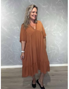 Orange midi kjole i 100% viskose med V-udskæring og glimmerkant – TIPPY Italian Select TIPPY