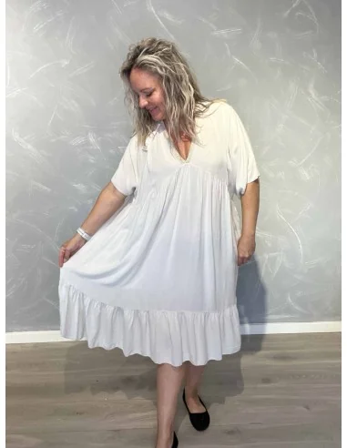 Sand midi kjole i 100% viskose med V-udskæring og glimmerkant – TIPPY Italian Select TIPPY