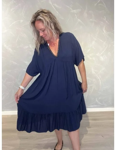 Navy midi kjole i 100% viskose med V-udskæring og glimmerkant – TIPPY Italian Select TIPPY
