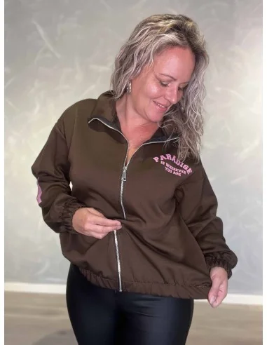 Lynlås og rosa Paradise print på brun sweatjakke – TIPPY