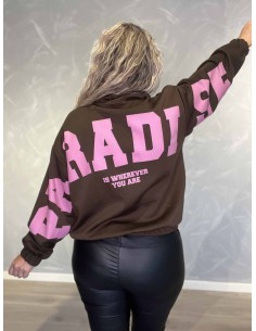 Bagside af brun sweatjakke med rosa Paradise print til kvinder – TIPPY