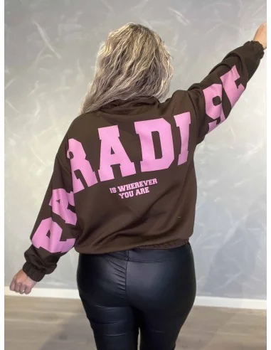 Bagside af brun sweatjakke med rosa Paradise print til kvinder – TIPPY