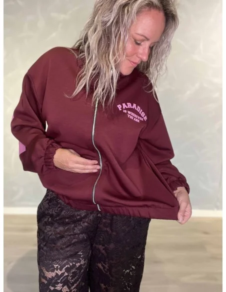Lynlås og rosa Paradise print på bordeaux sweatjakke – TIPPY