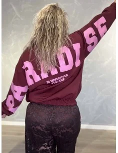 Bagside af bordeaux sweatjakke med rosa Paradise print til kvinder – TIPPY
