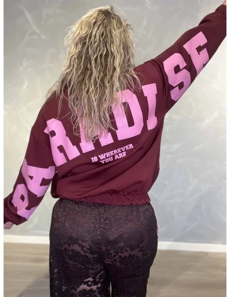 Bagside af bordeaux sweatjakke med rosa Paradise print til kvinder – TIPPY