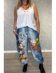 Denimblå hørbukser med Mickey print | TIPPY