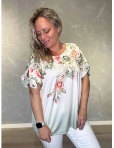 Grøn bluse i 95% polyester og 5% elastan med blomsterprint og sløjfeærmer – TIPPY Collection