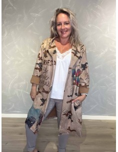 Beige mix lang jakke i polyester og elastan med grafisk print og ruskindslook – TIPPY Italian Select