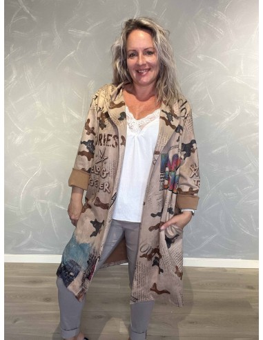 Beige mix lang jakke i polyester og elastan med grafisk print og ruskindslook – TIPPY Italian Select