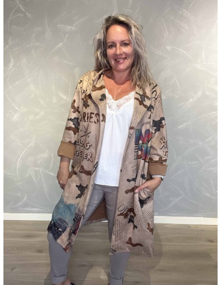 Beige mix lang jakke i polyester og elastan med grafisk print og ruskindslook – TIPPY Italian Select