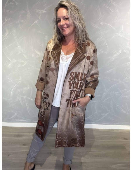 Beige og brun lang jakke i polyester og elastan med tekst- og blomsterprint – TIPPY Italian Select