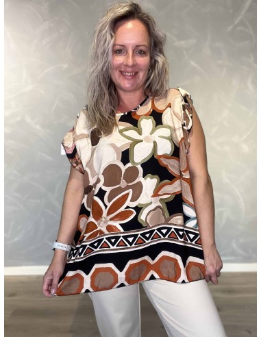 Sort og beige top i viskose med flæseærmer og blomsterprint – TIPPY Italian Select