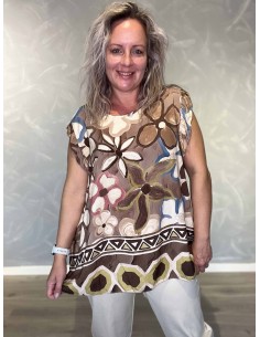 Brun og beige top i viskose med flæseærmer og blomsterprint – TIPPY Italian Select